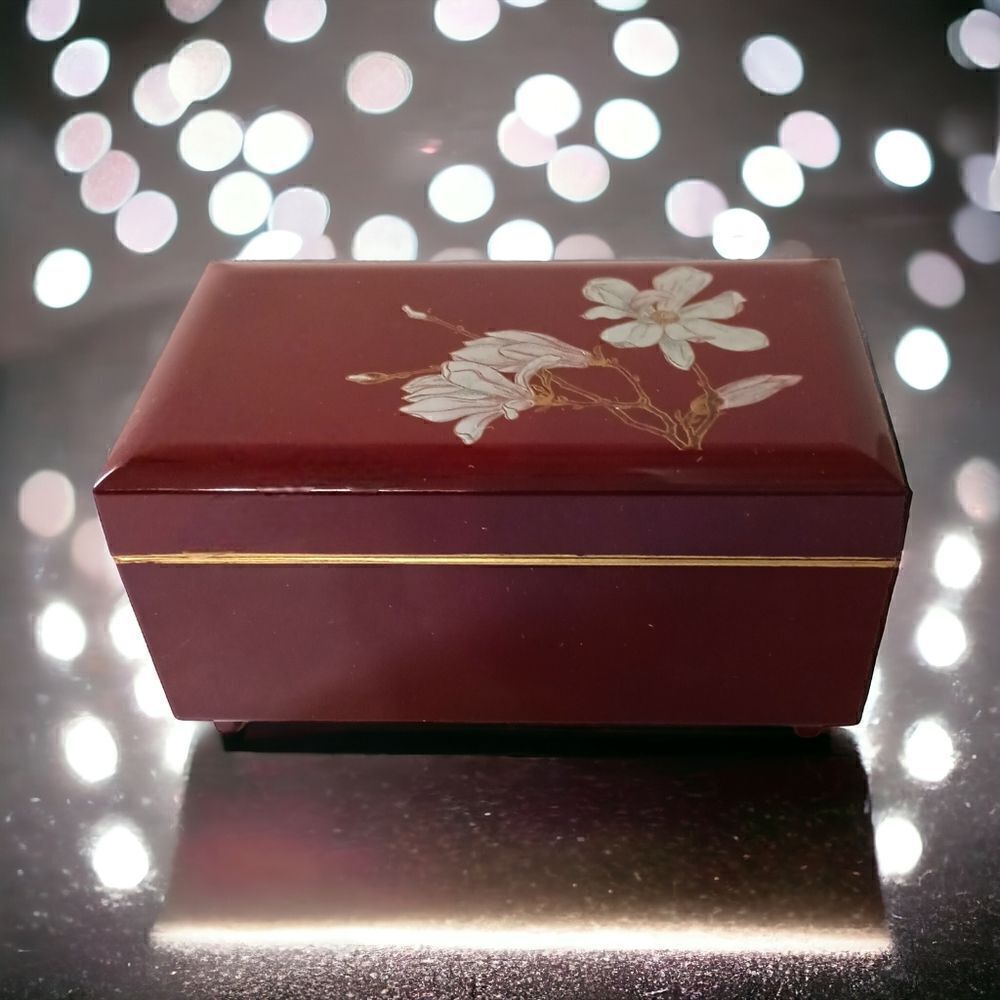Otagiri Lacquerware Jewelry Box Magnolia Japan Musical Mirror Felt VIDEO Vtg 80s